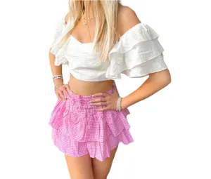 Rhinestone-Embellished Gingham Ruffle Skorts