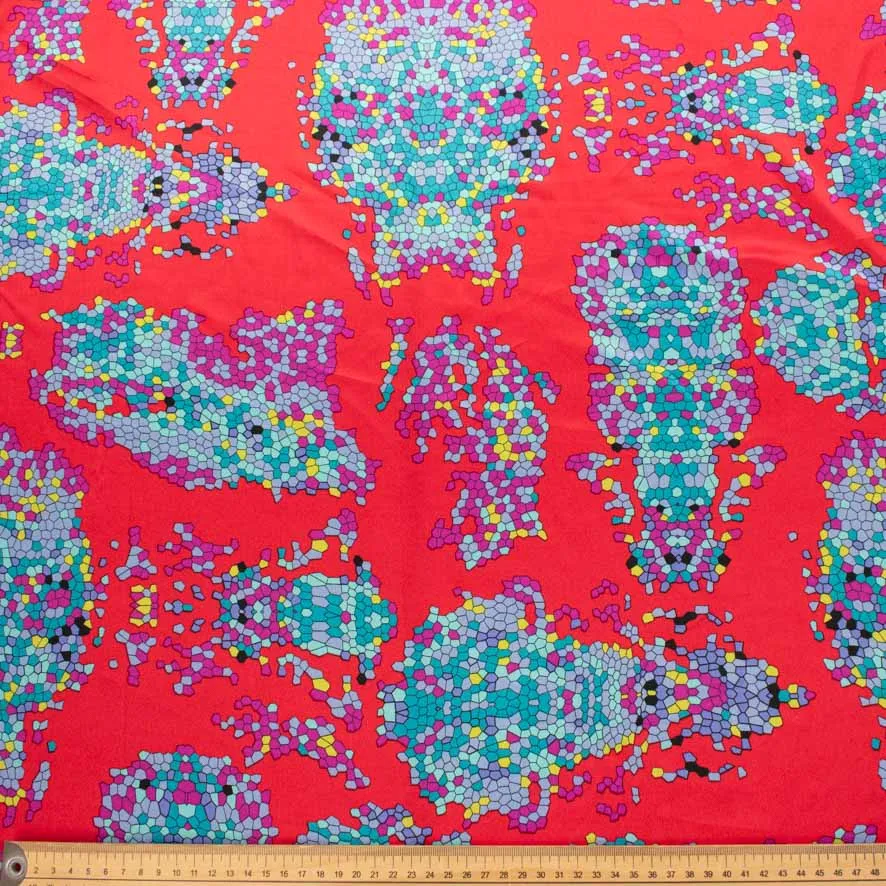 Satin Prints Design-205 Multicolor Mosaic on Red