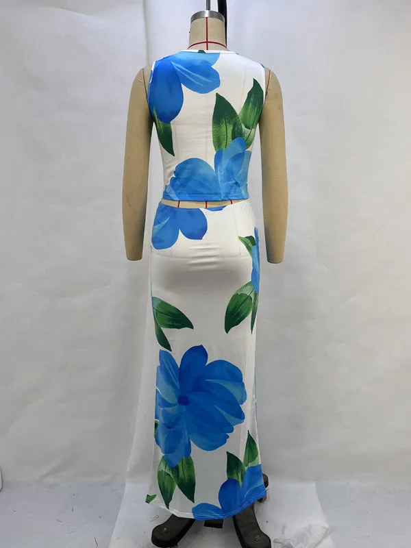 Sleeveless Flower Print Round-Neck Vest Top Bodycon Skirts Bottom Two Pieces Set