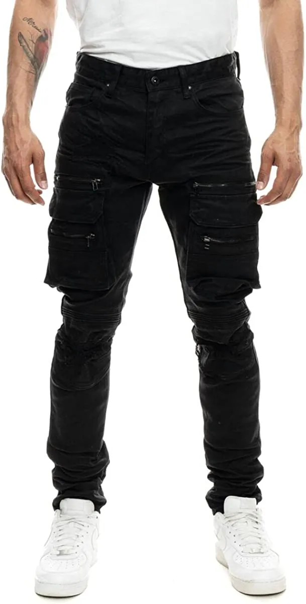 Smoke Rise Fashion RIP & Repair Cargo Moto Jeans