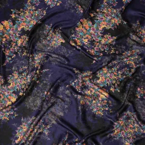 South Korean Silk Satin Fabric with Metallic Floral Design on Midnight Blue Background – 150 cm Width-D20336