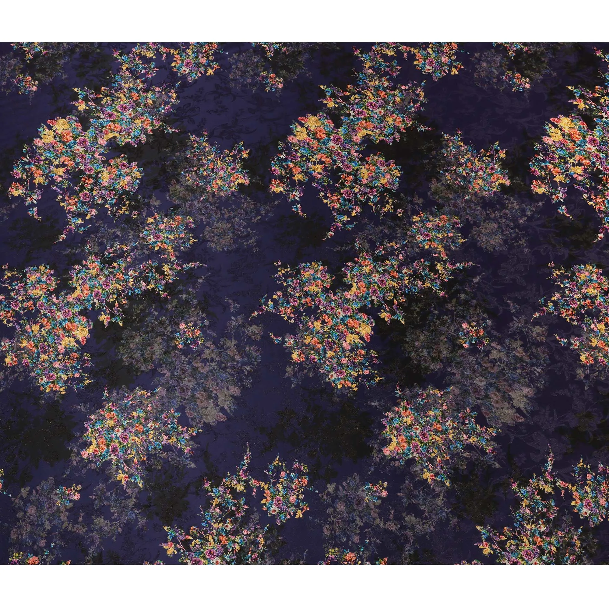 South Korean Silk Satin Fabric with Metallic Floral Design on Midnight Blue Background – 150 cm Width-D20336