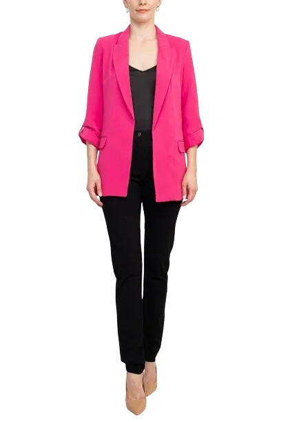 T Tahari Lapel Collar 3/4 Roll Sleeve Open Front Woven Blazer