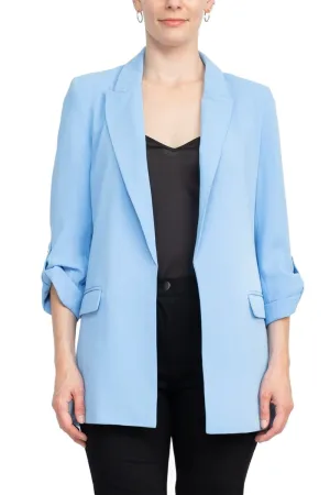 T Tahari Lapel Collar 3/4 Roll Sleeve Open Front Woven Blazer