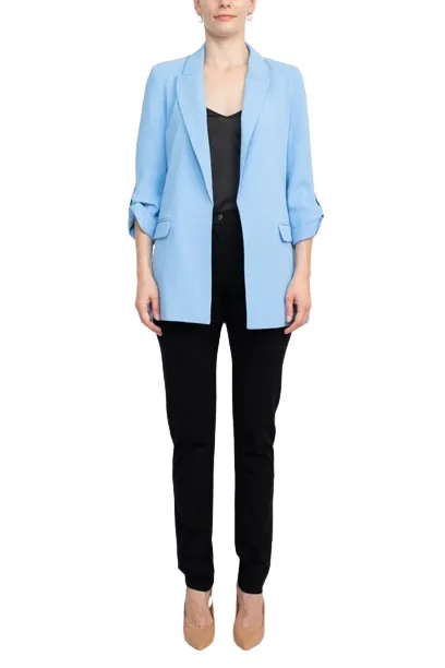 T Tahari Lapel Collar 3/4 Roll Sleeve Open Front Woven Blazer