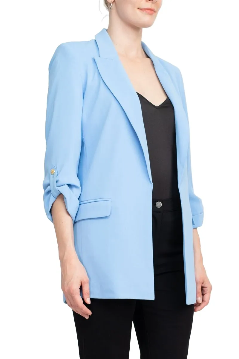 T Tahari Lapel Collar 3/4 Roll Sleeve Open Front Woven Blazer