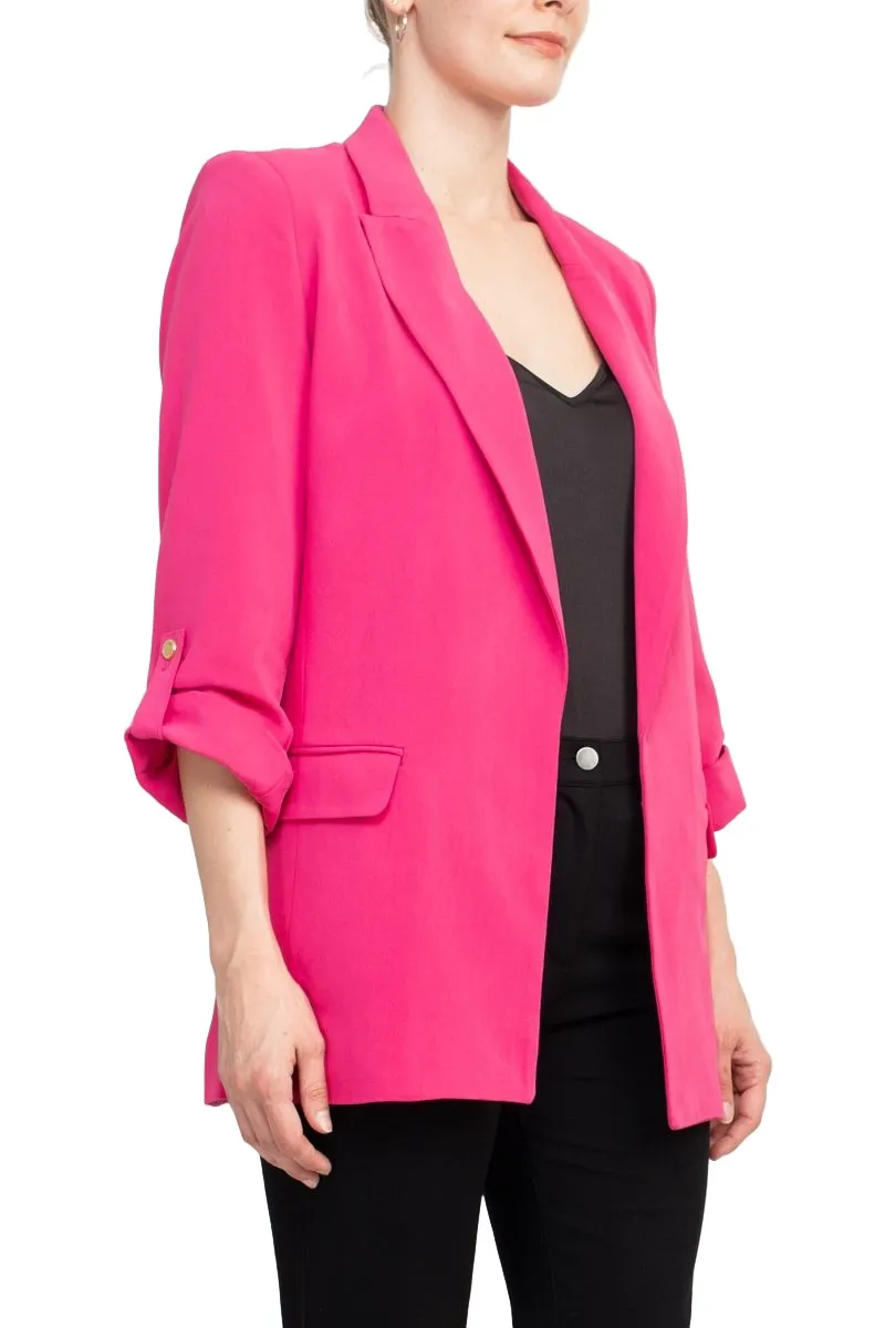 T Tahari Lapel Collar 3/4 Roll Sleeve Open Front Woven Blazer