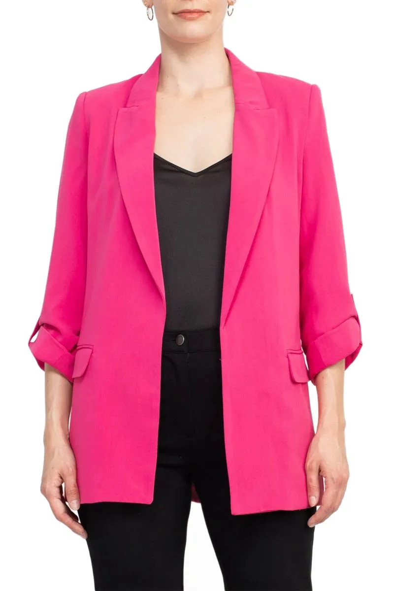 T Tahari Lapel Collar 3/4 Roll Sleeve Open Front Woven Blazer