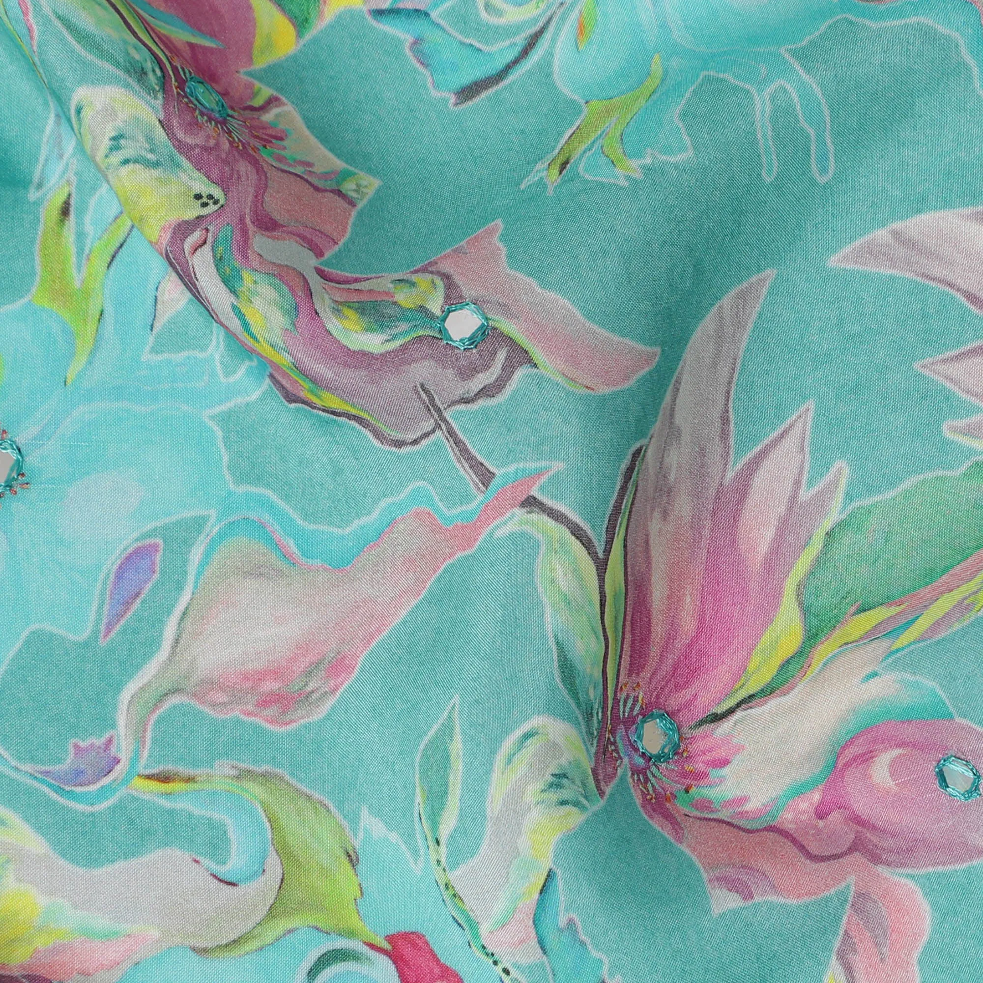 Turquoise and Pink Floral Viscose Crepe Printed Fabric - 110 cm Wide-D20005