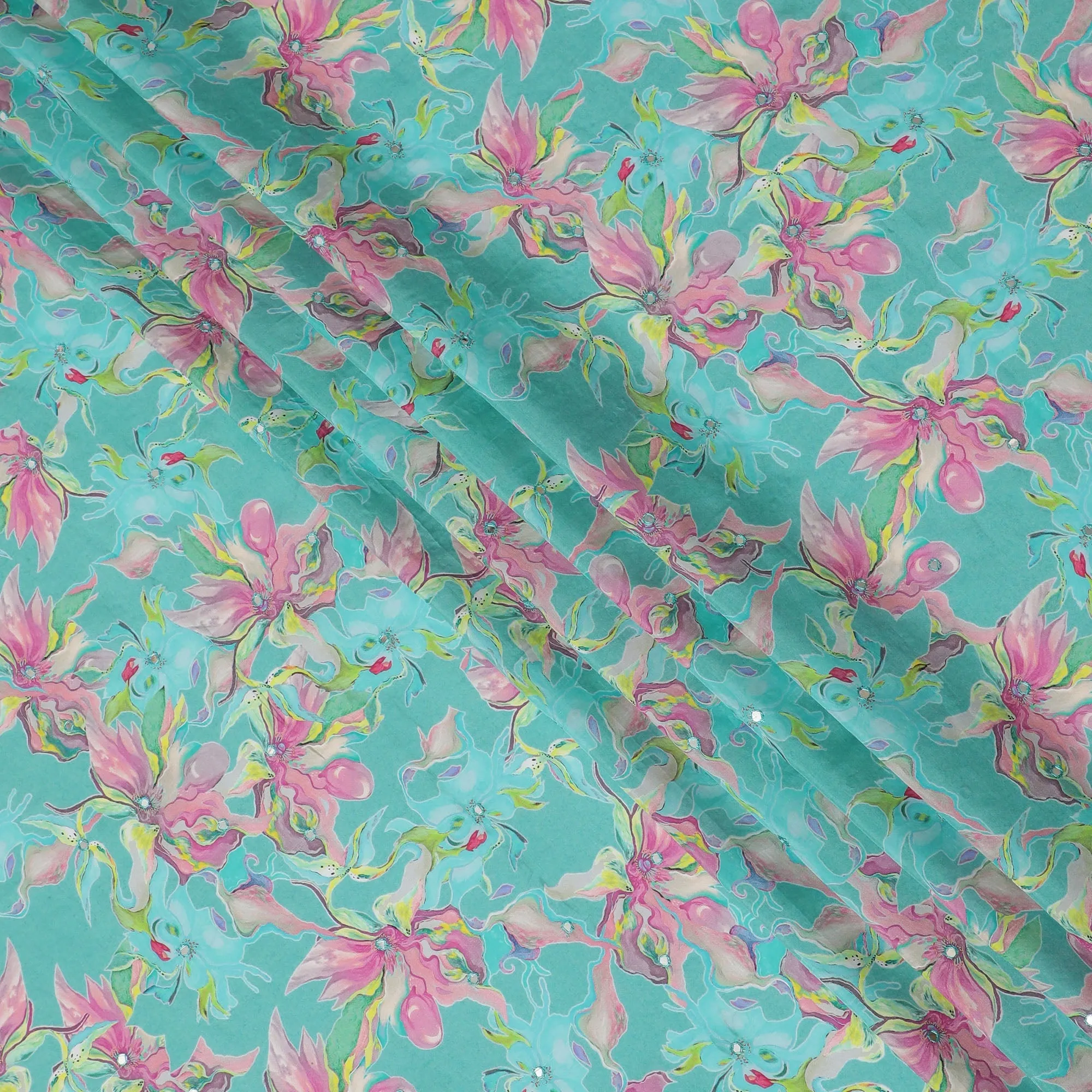 Turquoise and Pink Floral Viscose Crepe Printed Fabric - 110 cm Wide-D20005