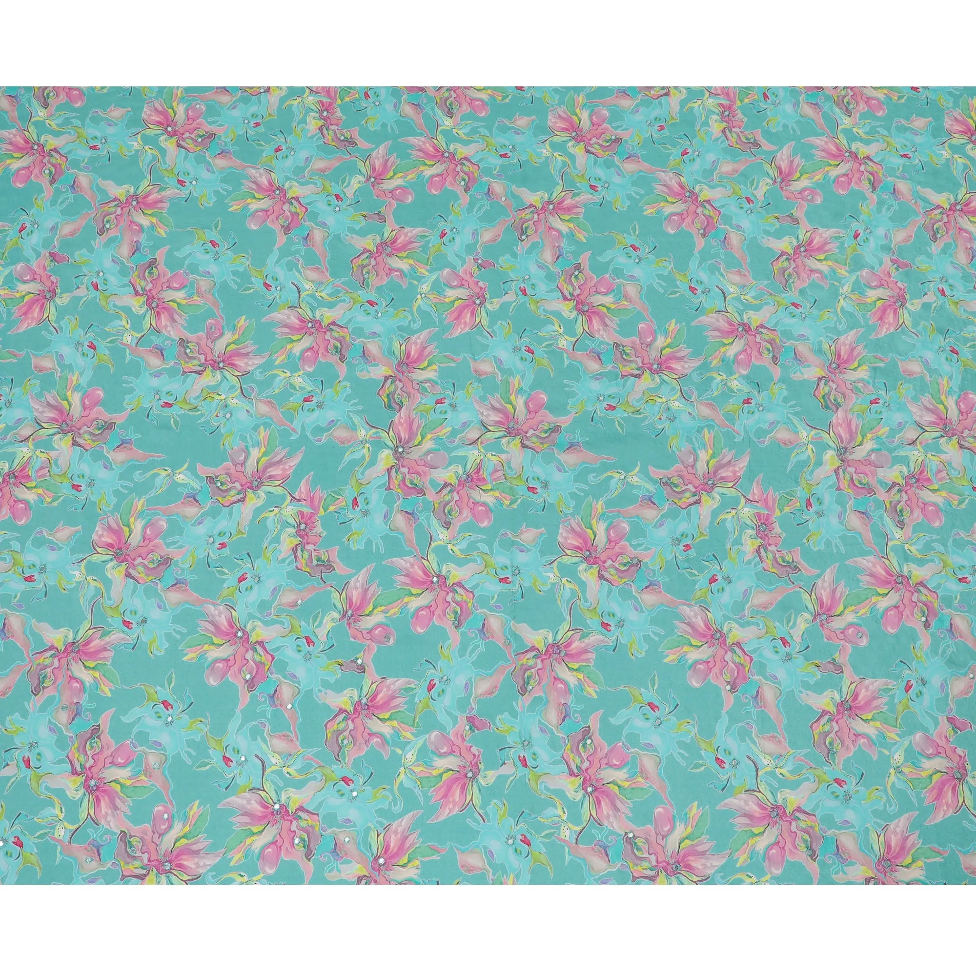 Turquoise and Pink Floral Viscose Crepe Printed Fabric - 110 cm Wide-D20005