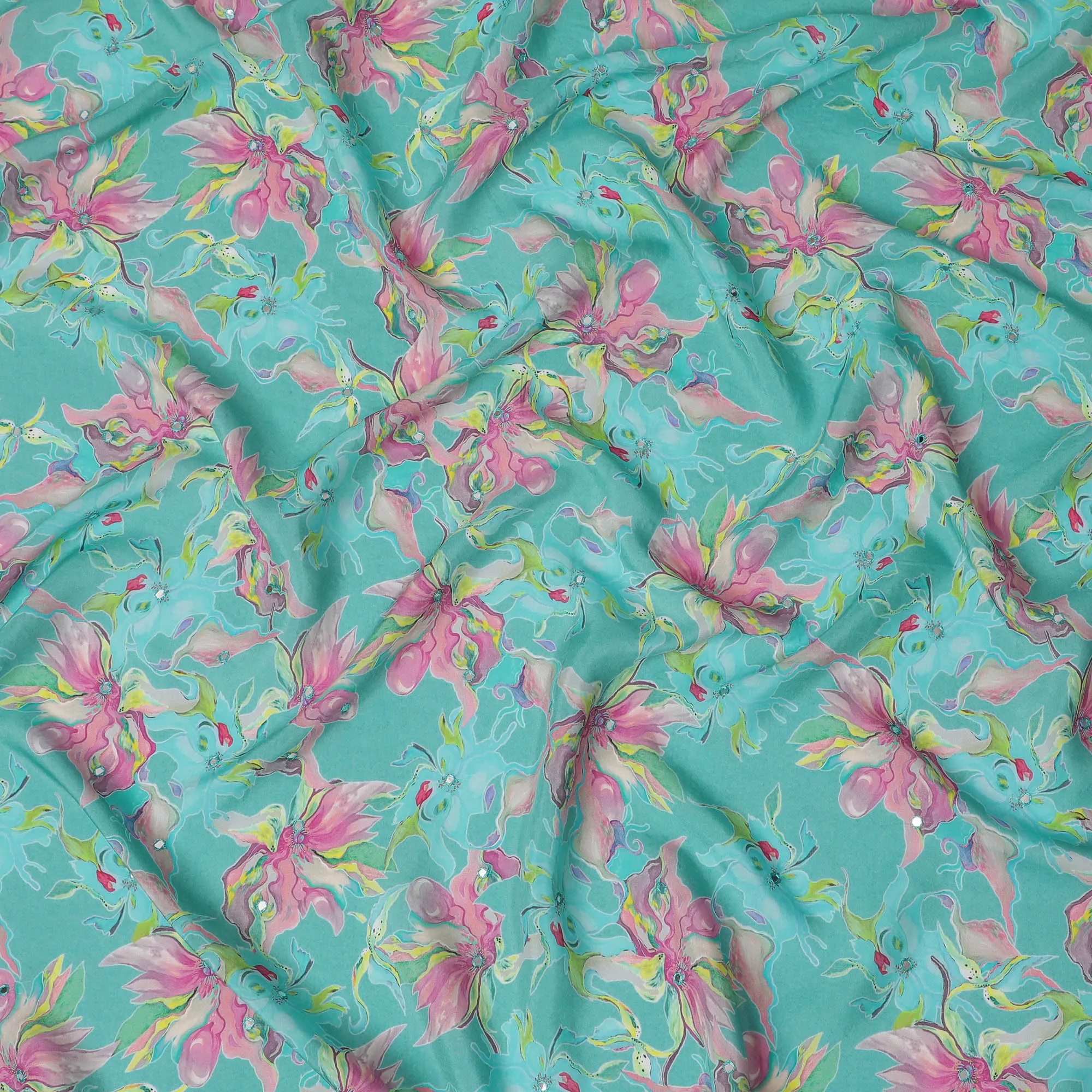 Turquoise and Pink Floral Viscose Crepe Printed Fabric - 110 cm Wide-D20005