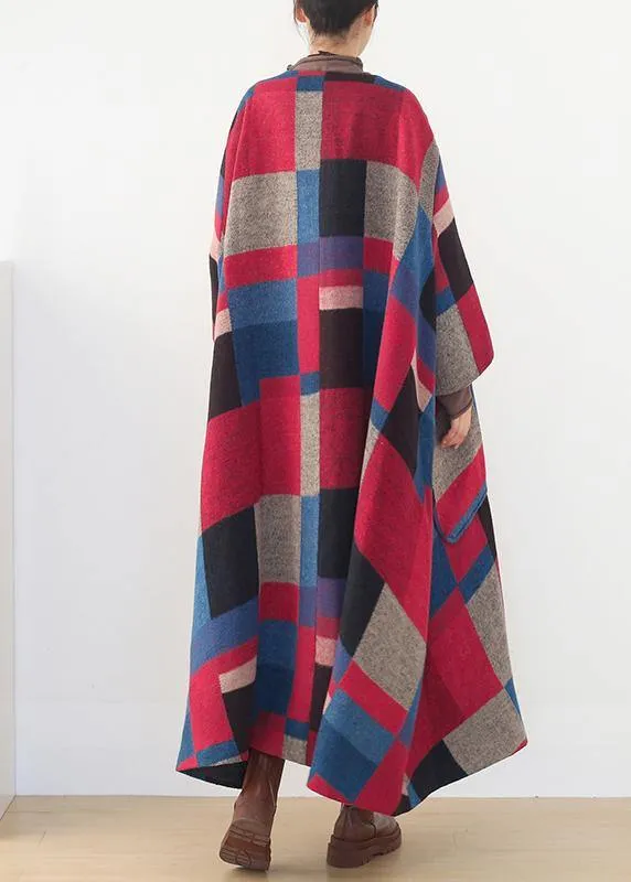 vintage red plaid Woolen Coats oversized o neck Extra large hem long winter coat  women coats