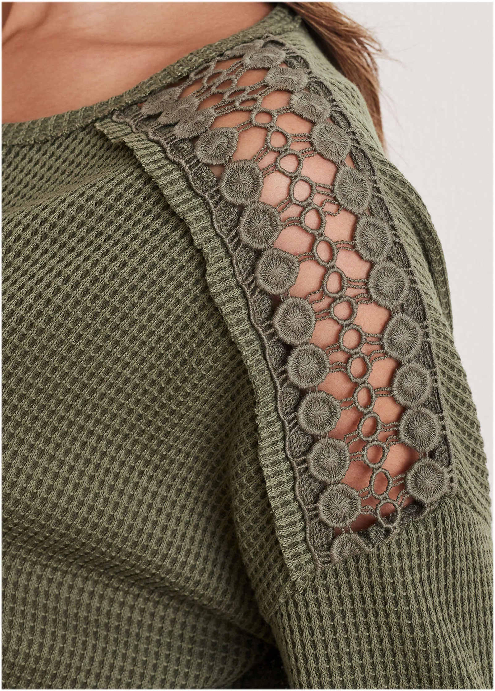 Waffle Lace Detail Top - Olive