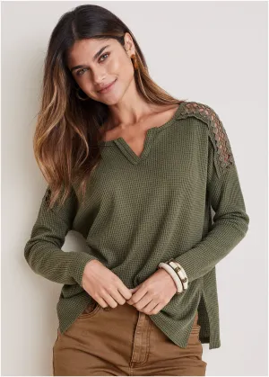 Waffle Lace Detail Top - Olive