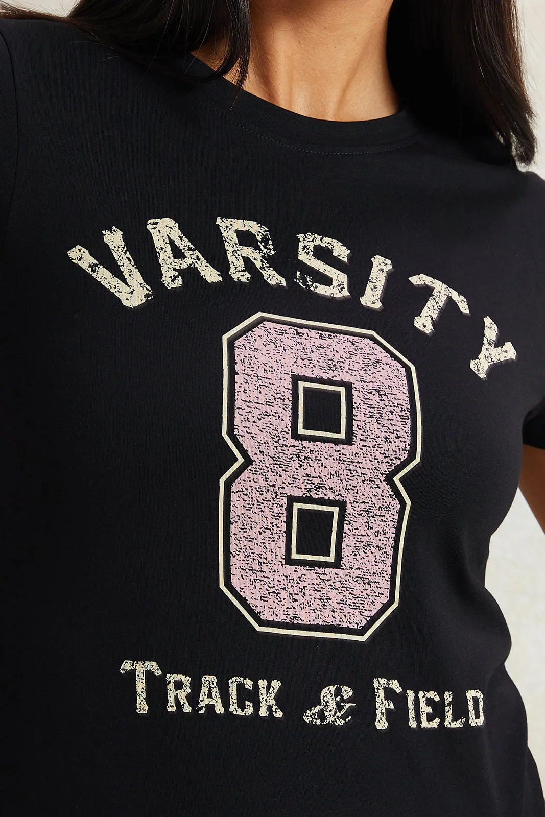 Women Black Varsity Printed T-Shirt