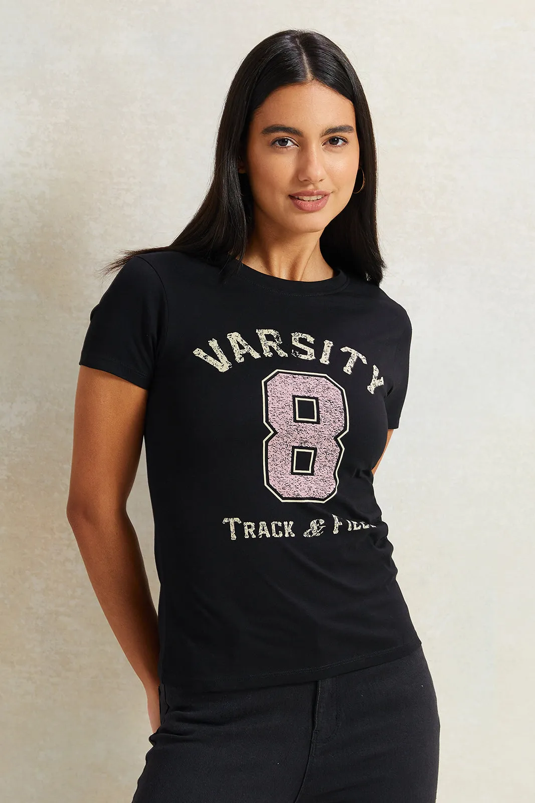 Women Black Varsity Printed T-Shirt