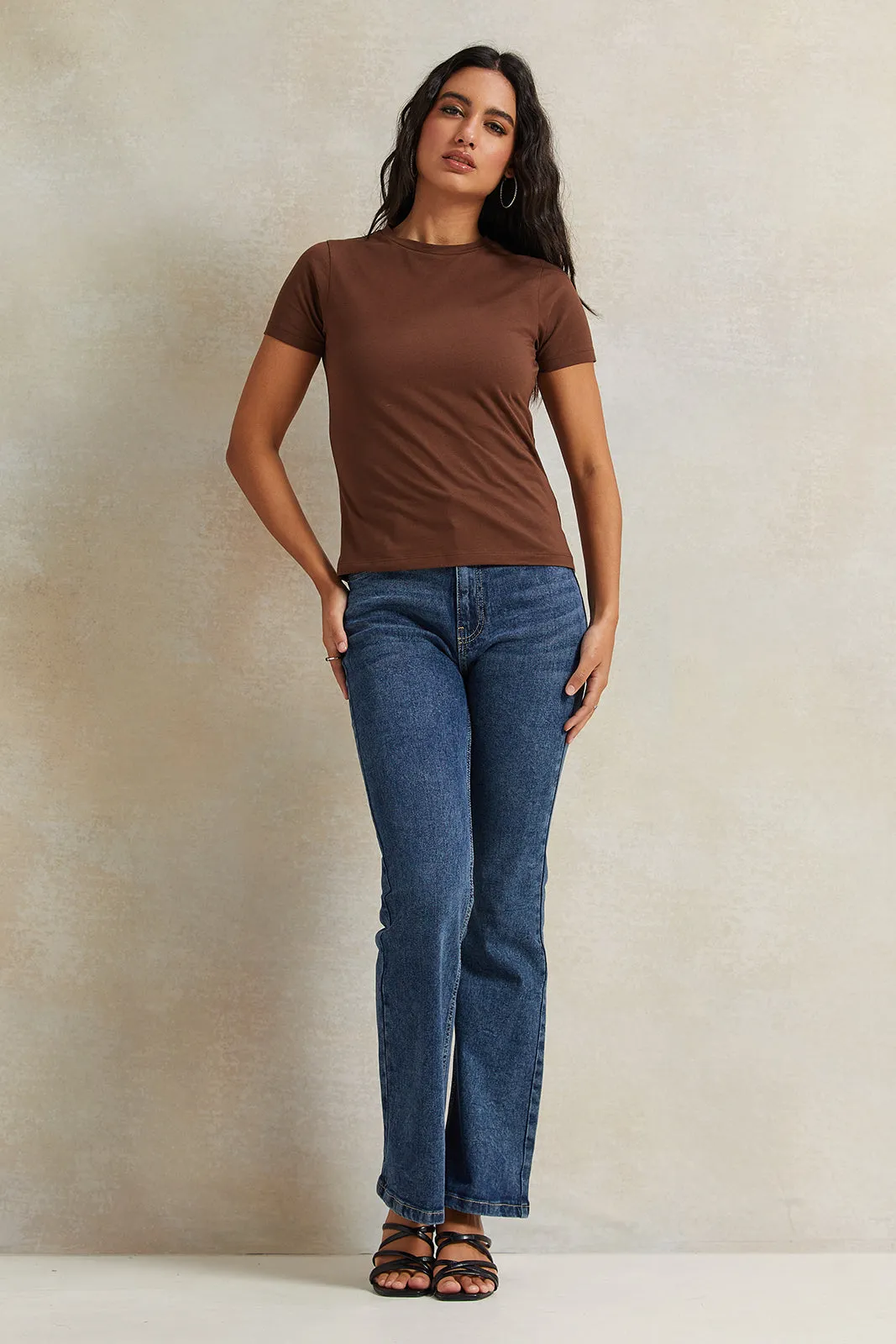 Women Brown Short Sleeve Basic T-Shirt