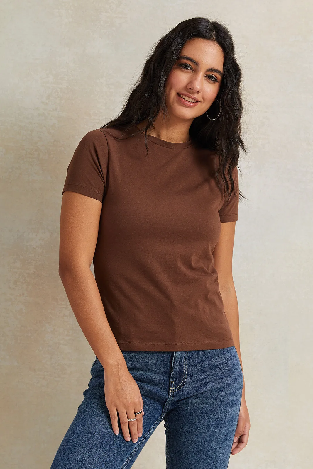 Women Brown Short Sleeve Basic T-Shirt