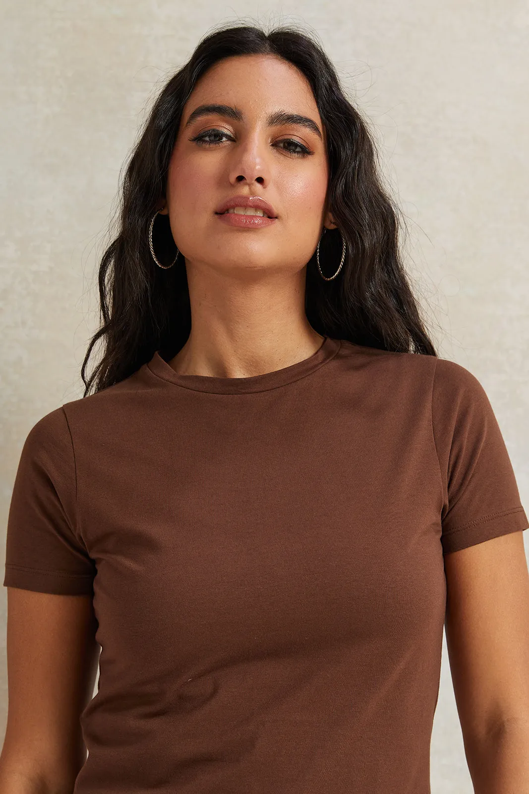 Women Brown Short Sleeve Basic T-Shirt