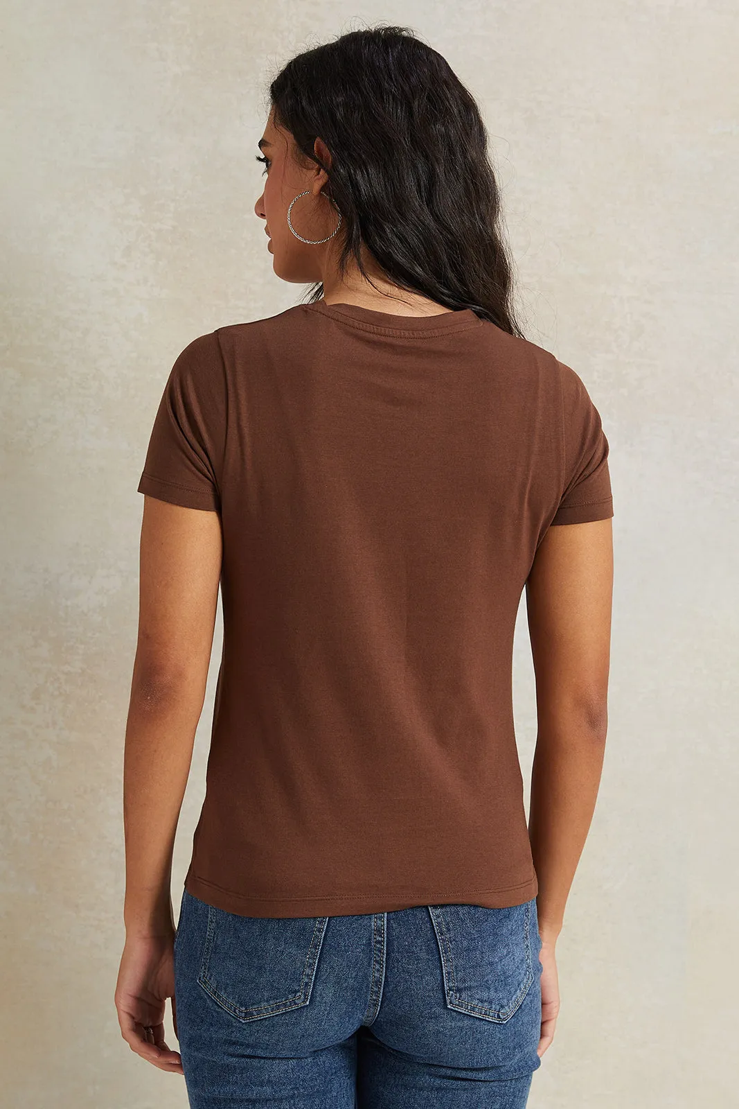 Women Brown Short Sleeve Basic T-Shirt