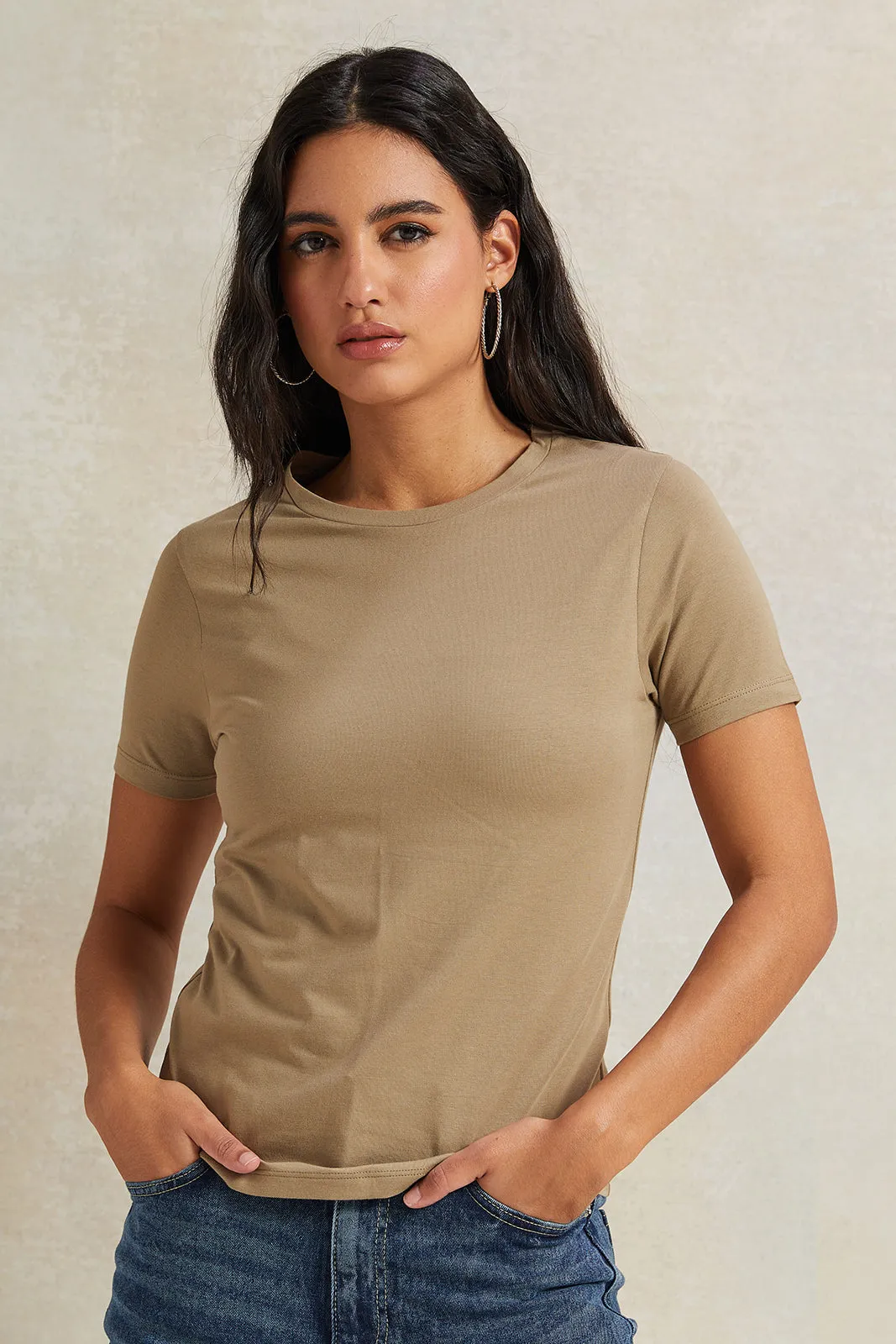 Women Olive Short Sleeve Basic T-Shirt