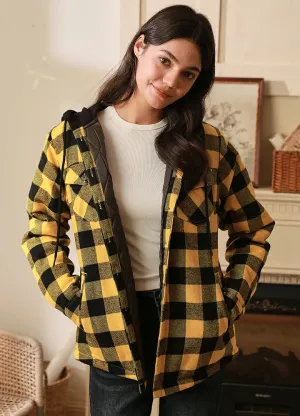 Women's Quilted Lined Hooded Plaid Flannel Shirt Jacket with Hood