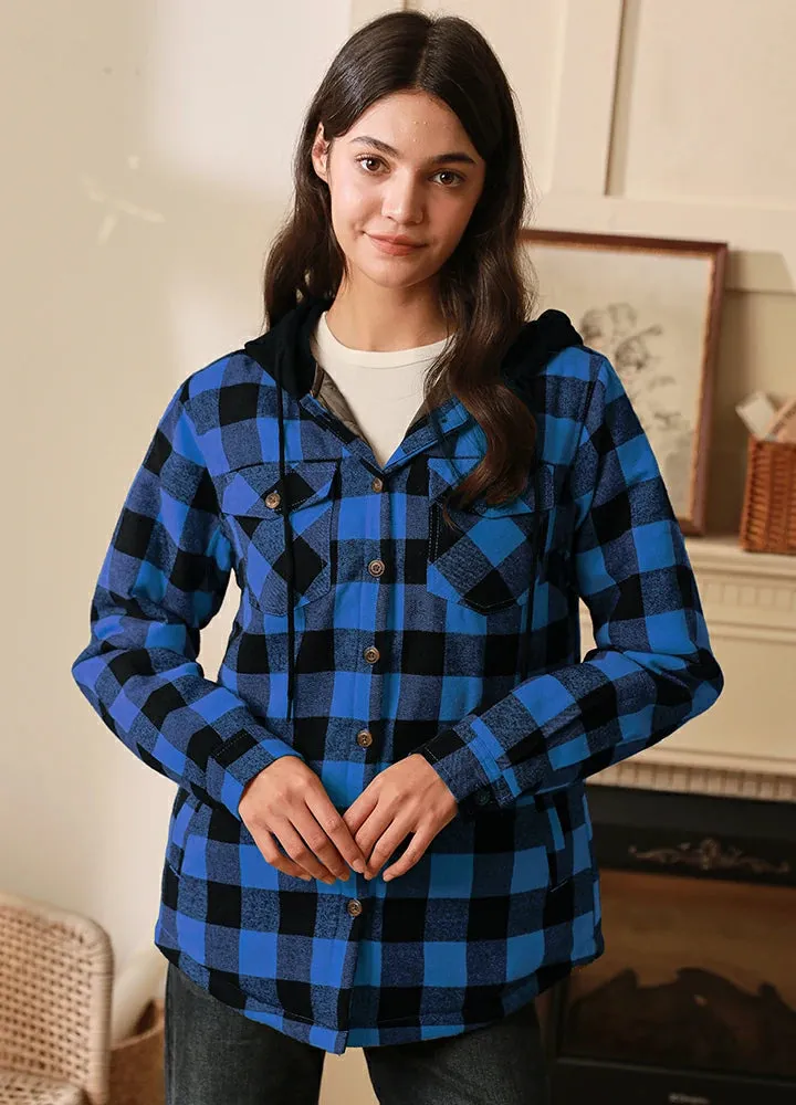 Women's Quilted Lined Hooded Plaid Flannel Shirt Jacket with Hood