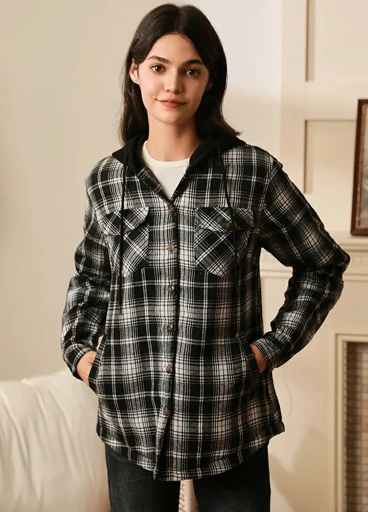 Women's Quilted Lined Hooded Plaid Flannel Shirt Jacket with Hood