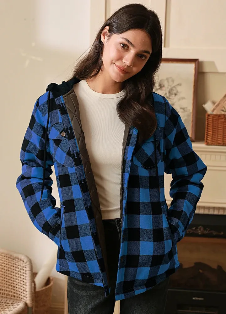 Women's Quilted Lined Hooded Plaid Flannel Shirt Jacket with Hood