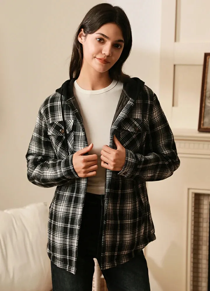 Women's Quilted Lined Hooded Plaid Flannel Shirt Jacket with Hood