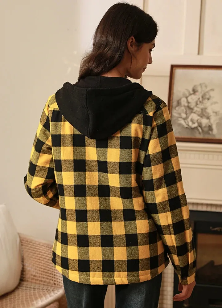 Women's Quilted Lined Hooded Plaid Flannel Shirt Jacket with Hood