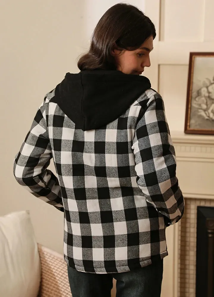 Women's Quilted Lined Hooded Plaid Flannel Shirt Jacket with Hood