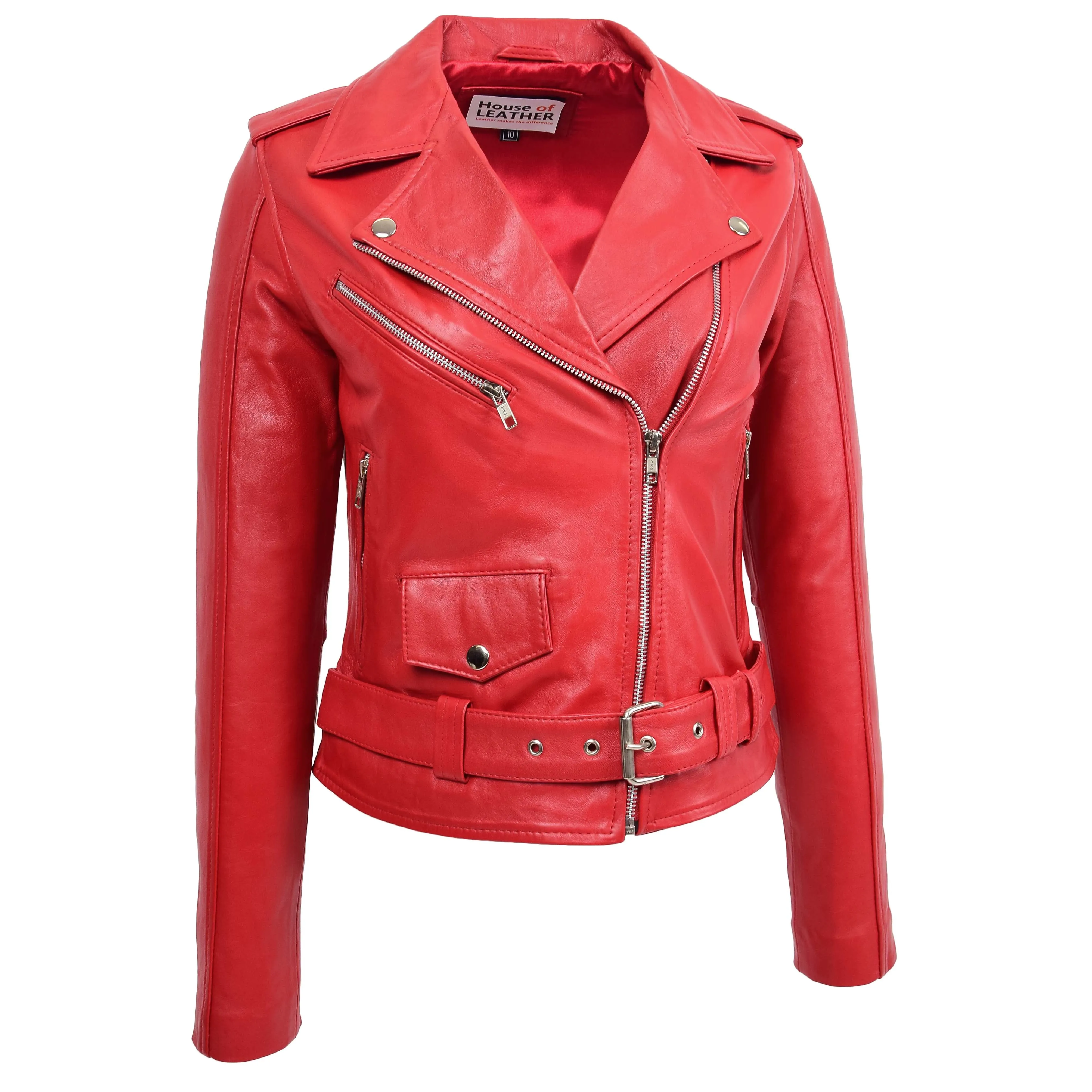 Womens Real Leather Biker Brando Style Jacket Mia Red