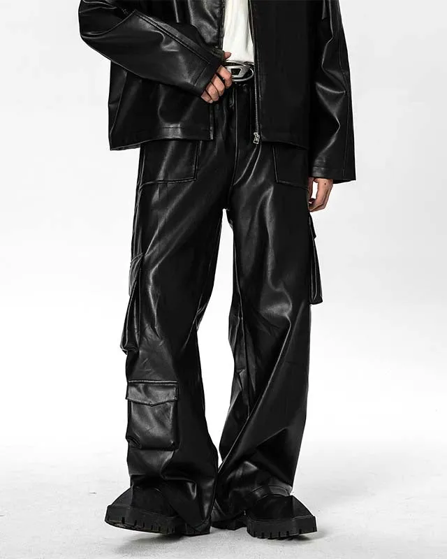 Workwear Wide Leg Drapey Leather Pants