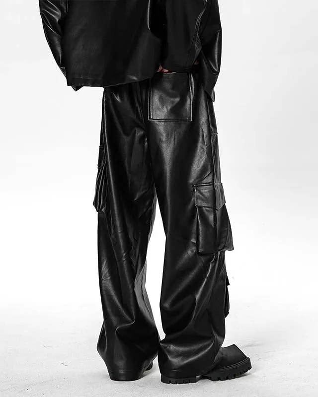 Workwear Wide Leg Drapey Leather Pants