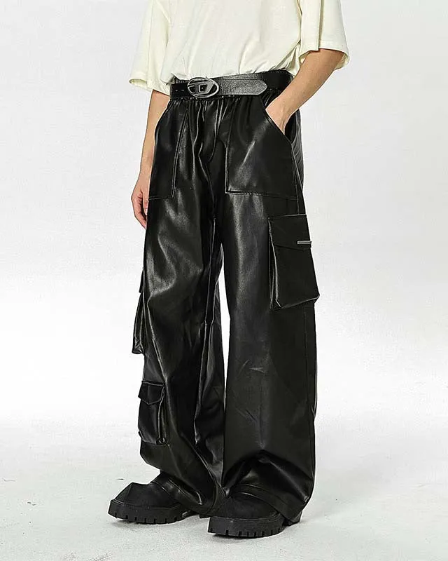 Workwear Wide Leg Drapey Leather Pants